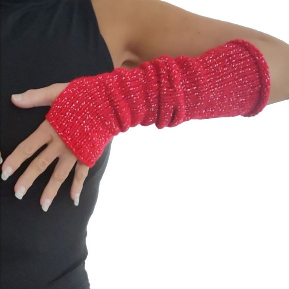 Red Silver Glitter Handmade Knitted Long Fingerless Gloves Valentines Gi… - Picture 4 of 11